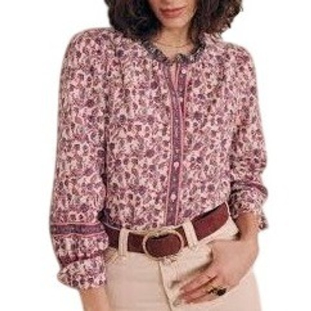 Sezane Ellora Linen Blouse Mini Flowers Violet Print Ruffled Collar Size 38